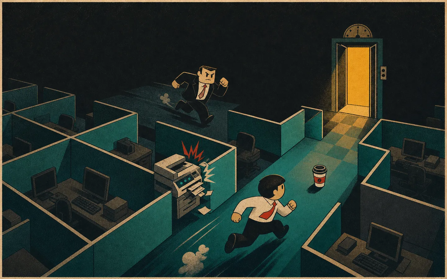 Cubicle Caper office escape artwork: a hurried employee heads for the elevator.