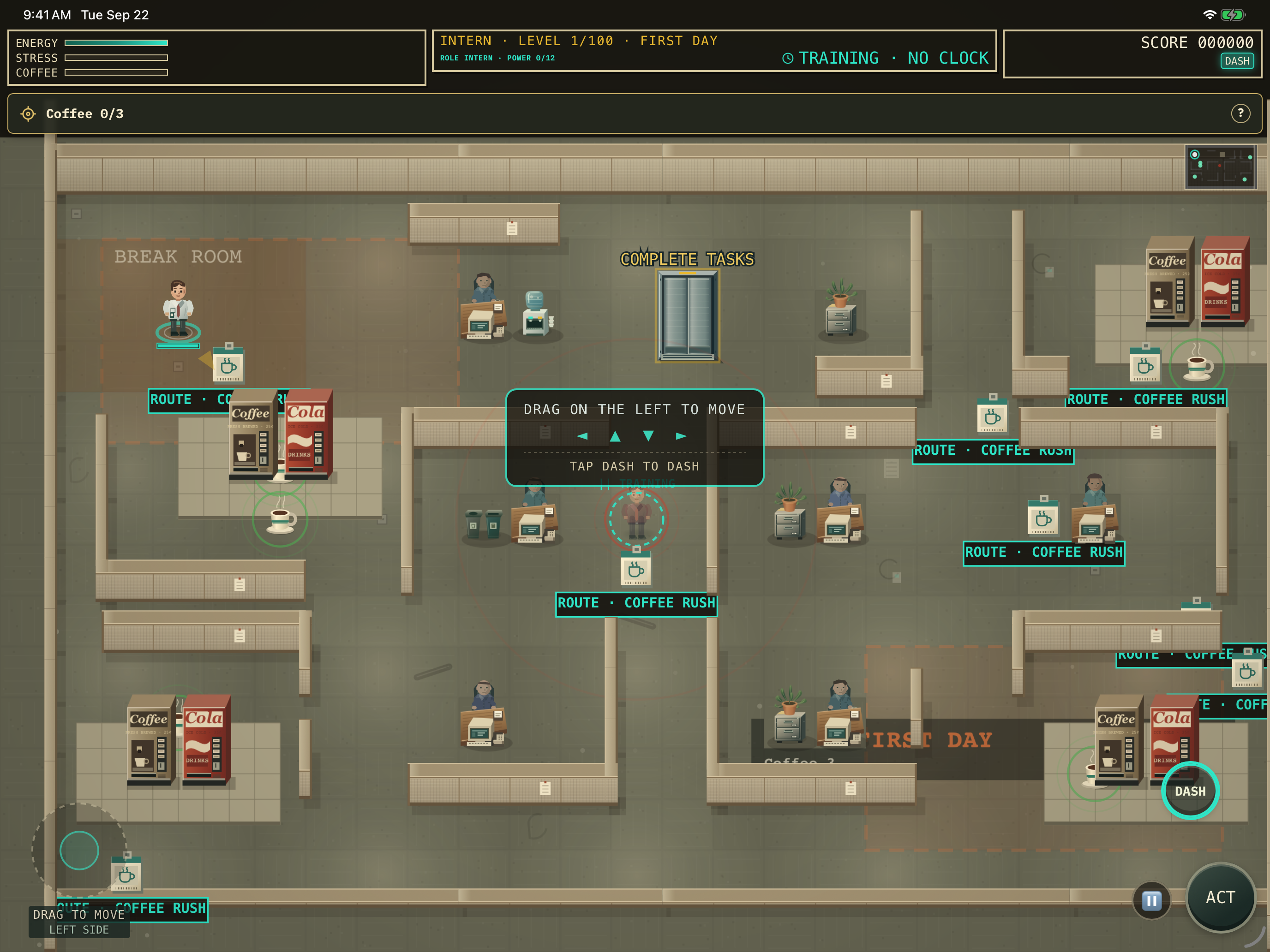 Current Cubicle Caper gameplay with office furniture, coffee objectives, a left movement stick, and separate DASH and ACT buttons.